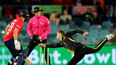 Australia's Adam Zampa dives in an attempt to catch the ball. AFP