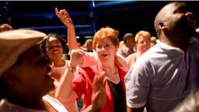 Supporters in Johannesburg eagerly await Helen Zille, the leader of the Democratic Alliance and Cape Town's mayor, at an opposition rally.