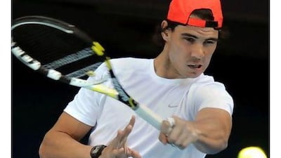 Rafael Nadal looks determined in practice yesterday ahead of the Australian Open.