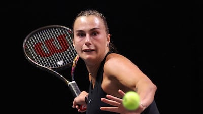 Belarus’ Aryna Sabalenka hits a return against Australia's Nick Kyrgios in Dubai. AFP