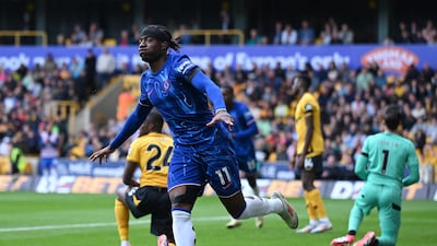 Noni Madueke of Chelsea celebrates scoring his team's fourth goal. Getty Images