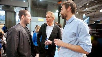 Brad Ascalon, left, of Brad Ascalon Studio and Jerry Helling, centre, of Bernhardt Design, at the International Contemporary Furniture Fair in New York.