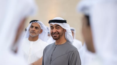 Sheikh Mohamed bin Zayed, Crown Prince of Abu Dhabi and Deputy Supreme Commander of the Armed Forces, attends the wedding reception of Sheikh Zayed bin Mansour bin Zayed and Sheikh Hazza bin Hamdan bin Zayed at Qasr Al Hosn. All photos: Ministry of Presidential Affairs