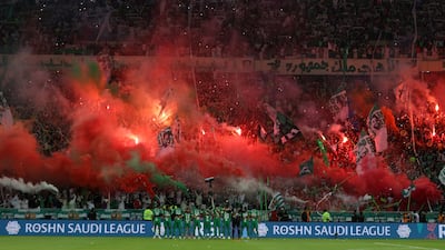 Al Ahli players in front of their fans ahead of the Saudi Pro League match against Al Hazem at the Abdullah Al Faisal Stadium, in Jeddah, on August 11, 2023. Getty