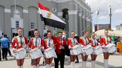 A fan poses with a bandat Ekaterinburg Arena, Yekaterinburg, Russia. Darren Staples / Reuters
