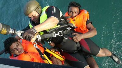 Sharjah Police Air Wing rescue six Indian sailors from their sunken vessel about 16km off the coast of Sharjah. Courtesy Security Media