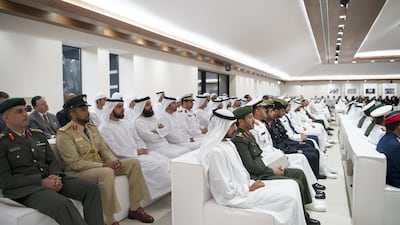 Guests attend a lecture by Ambassador Grigol Mgaloblishvili, Professor at National Defence College and Dr Mohamed Al Kuwaiti, Cyber Security Expert, titled The Changing Character of Warfare, at Majlis Mohammed bin Zayed. Saeed Al Neyadi / Crown Prince Court - Abu Dhabi
