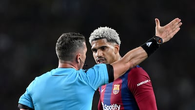 Uruguayan shown straight red card for bringing down Barcola on edge of box denying Barca attacker goalscoring opportunity. Clumsy, left referee with little option and changed course of game. Getty Images