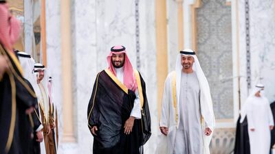 Sheikh Mohamed bin Zayed, right, Crown Prince of Abu Dhabi and Deputy Supreme Commander of the Armed Forces, with Saudi Crown Prince Mohammed bin Salman in Abu Dhabi on Tuesday. AP Photo