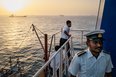 Indian sailors stranded on their cargo vessel in the Strait of Hormuz in June. Getty Images