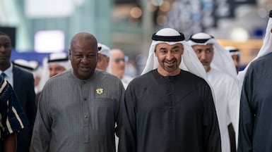 President Sheikh Mohamed alongside his Ghanaian counterpart John Dramani Mahama. Photo: UAE Presidential Court