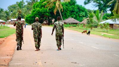 Soldiers from the Mozambican army patrol the streets in Mocimboa da Praia, Mozambique. AFP