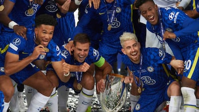Reece James, Cesar Azpilicueta, Jorginho of Chelsea celebrate after winning the Uefa Super Cup Final.
