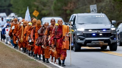 Venerable Monk Bhikkhu Pannakara leads a group of Buddhist monks during their 2,300-mile peace walk in Fayetteville, Georgia, US. EPA