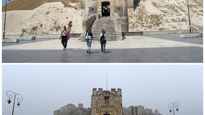 Aleppo’s historic citadel before it was damaged on August 9, 2010, top, and after on December 13, 2016. Sandra Auger (top) / Omar Sanadiki / Reuters