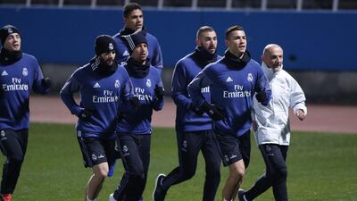 Cristiano Ronaldo and his Real Madrid teammates warm up during a training session in Yokohama near Tokyo on Monday, December 12, 2016. Yuya Shino / EPA