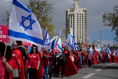 Israelis protest against the judicial overhaul plan outside parliament in Jerusalem. AP
