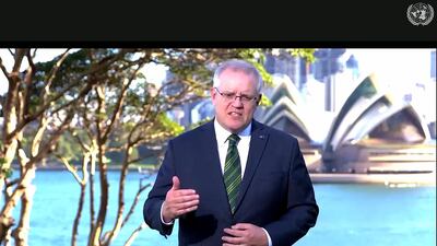 Prime Minister of Australia Scott Morrison speaking to the 75th session of the United Nations General Assembly. UNTV Via AP
