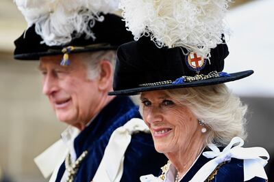 King Charles, who was then Prince of Wales, and Camilla, who is now queen consort, arrive for the Order of the Garter service at Windsor Castle on June 13, 2022. AP