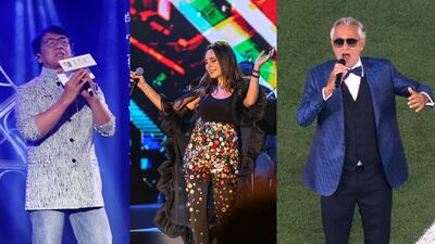 L-R: Jackie Chan, Mayssa Karaa and Andrea Bocelli all sang Expo theme songs over the years. Photo: AFP, Khushnum Bhandari / The National