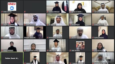 Students of UAE University celebrating at the online ceremony. Wam