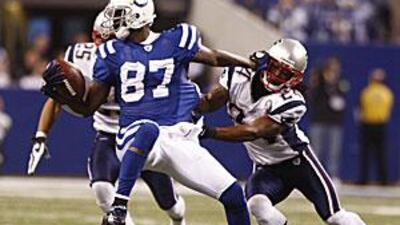 Colts' receiver Reggie Wayne makes a catch in front of New England Patriots defender Jonathan Wilhite.