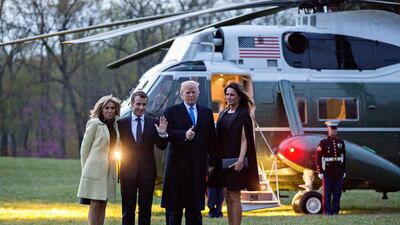 French First Lady Brigitte Macron, French President Emmanuel Macron, US President Donald J Trump and US First Lady Melania Trump stand for photographers in front of Marine One after a dinner at the Mount Vernon estate of first US President George Washington in Mount Vernon, Virginia, USA, on April 23, 2018. Andrew Harrer / EPA