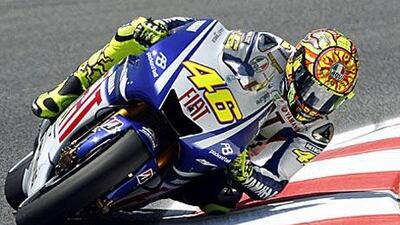 Valentino Rossi takes on a curve at Catalunya during the first practice session.