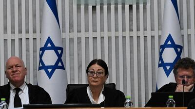 President of Israel's Supreme Court Esther Hayut, centre, presides over a meeting on the reasonableness standard law in the High Court in Jerusalem. Reuters