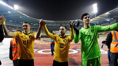 Belgium's Timothy Castagne, Eden Hazard and Thibaut Courtois celebrate after the match against Russia at King Baudouin Stadium, Brussels, Belgium. Reuters
