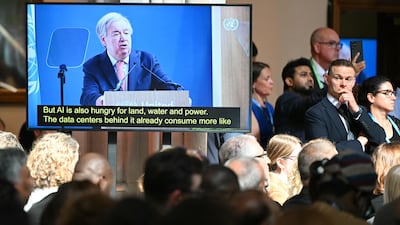 Delegates listen to UN Secretary General Antonio Guterres talking about AI's impact on the environment and climate at an event in London last month. AFP