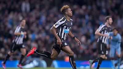 Newcastle United's Rolando Aarons celebrates scoring in his team's win over Manchester City in the League Cup on Wednesday night. Oli Scarff / AFP / October 29, 2014