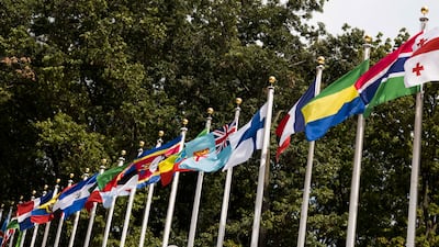 Flags outside of United Nations Headquarters in New York, New York, on September 19. EPA