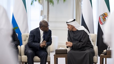 President Sheikh Mohamed with Julius Maada Bio, President of Sierra Leone. Photo: Abdulla Al Bedwawi / UAE Presidential Court