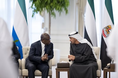 President Sheikh Mohamed with Julius Maada Bio, President of Sierra Leone, on Tuesday. Photo: Abdulla Al Bedwawi / UAE Presidential Court