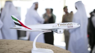 A model of an Emirates SkyCargo aircraft at the carrier's cargo terminal at the Logistics District in Dubai South. Reem Mohammed/ The National