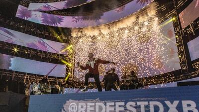 Macklemore on stage at Redfest DXB on February 15, 2019, at Dubai Media City Amphitheatre. Courtesy: Arabian Radio Network
