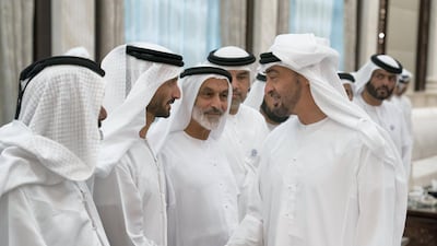 Sheikh Mohammed bin Zayed, Crown Prince of Abu Dhabi and Deputy Supreme Commander of the UAE Armed Forces (R) receives guests, during an iftar reception at Al Bateen Palace. Hamad Al Kaabi / Crown Prince Court - Abu Dhabi