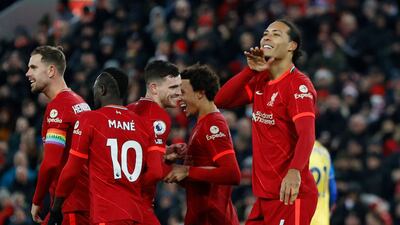 Liverpool's Virgil van Dijk celebrates scoring their fourth goal. Reuters