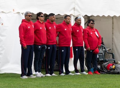 Canada coach Monty Desai, left, during the CWCL2 match against Scotland in Dundee. Photo: Cricket Scotland