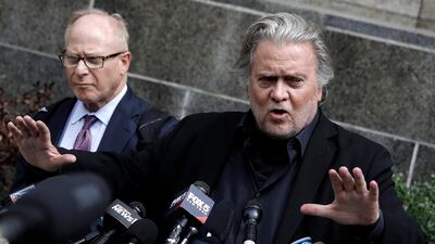 Mr Bannon at a press conference in September after he was charged with several felony counts of conspiracy, money laundering and fraud regarding his involvement in a crowdfunded border wall project scheme. EPA