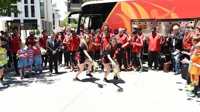 Performers greet the UAE national football team and entertain a crowd in Canberra, Australia on Wednesday ahead of the 2015 Asian Cup.