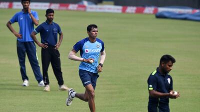 Navdeep Saini, centre, is likely to make his ODI debut in the series deciding match against the West Indies in Cuttack on Sunday. AFP