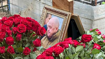 A portrait on the grave of Wagner Group chief Yevgeny Prigozhin at Porokhov cemetery in St Petersburg, Russia. EPA