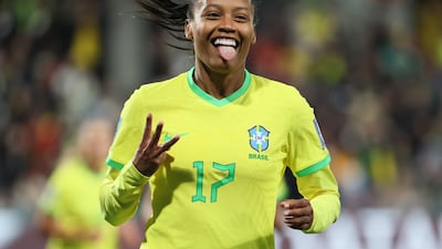 Brazil's Ary Borges celebrates her hat-trick goal against Panama in Group F of the Women's World Cup on Monday, July 24, 2023. AP