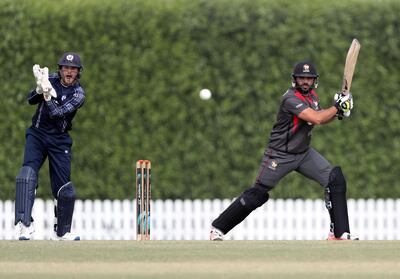 UAE's Rameez Shahzad plays a shot against Scotland. Chris Whiteoak / The National