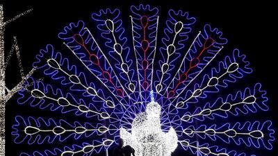 Egyptians take a photo near an illumination in the shape of a peacock ahead of New Year celebrations, at the pedestrian area of Soho Square in the Red Sea resort of Sharm el-Sheikh, south of Cairo, Egypt. Reuters