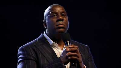Magic Johnson speaks to the crowd before the All-Star Game. AFP