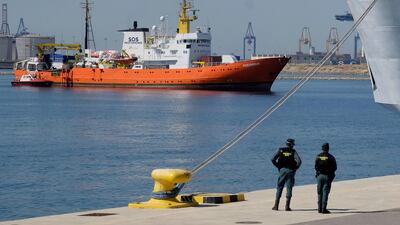 The Aquarius rescue ship arrives in Valencia, Spain with more than 600 migrants aboard in June 2018. Reuters
