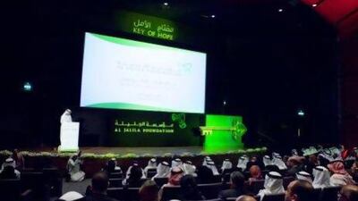 Emirati cardiologist Prof Najib Al Khaja, an 'ambassador of hope' for the Al Jalila Foundation, speaks at the launch. Razan Alzayani / The National